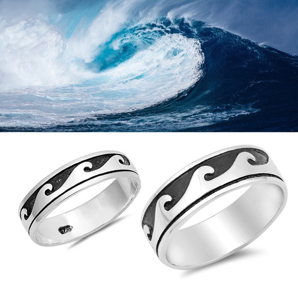 Sterling Silver Ocean Tidal Wave Rings For Men & Women. 5mm-7mm Surfer, His Hers Matching Wedding Band.  Boys, Girls Hawaiian Beach Jewelry