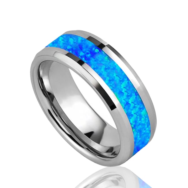 Bague en tungstène opale bleue de 8 mm avec gravure. Bande de mariage pour hommes et femmes. Bague de fiançailles gravée et anniversaire - Cadeau personnalisé pour elle, lui