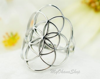 925 Sterling Silver Flower of Life Ring For Women. 28mm Long, Concentric Circles, Big Cutout Ring.
