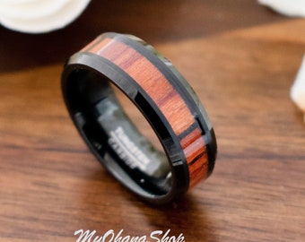 8mm Black Tungsten With Natural Dark Mahogany Wood Ring For Men and Women. Personalized, Custom Engraved Tungsten Wedding Band For Couples.