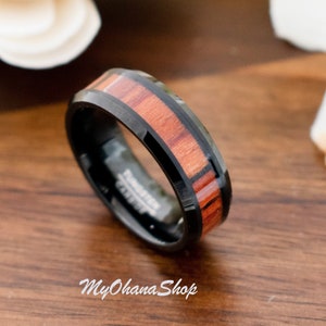 8mm Black Tungsten With Natural Dark Mahogany Wood Ring For Men and Women. Personalized, Custom Engraved Tungsten Wedding Band For Couples.