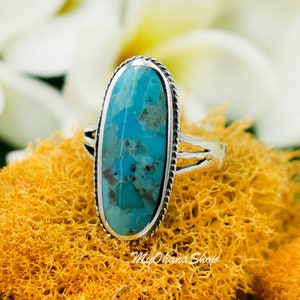 925 Sterling Silver Blue Green Natural Turquoise Ring For Women.  27mm Long Oval Shape Real Turquoise Ring For Index, Middle, Ring Finger.