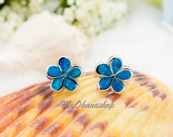 925 Sterling Silver Opal Plumeria Earrings For Women, Teen Girl. Tropical Flower Hawaiian Island Beach Jewelry.  Valentine's Gift For Her.