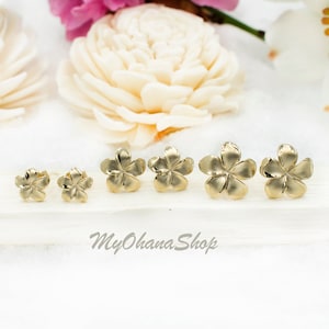 14K Gold Plumeria Stud Earrings. Hawaiian Island Jewelry.  14K Tropical, Flower Earrings For Women, Teen Girls.  Valentine&#39;s Gift For Her
