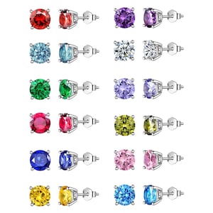Sterling Silver Birthstone Stud Earrings. Round AAAA+ CZ Stud Earrings. Basic Earrings for Men & Women.  Birthday Gift For Her, Mother's Day