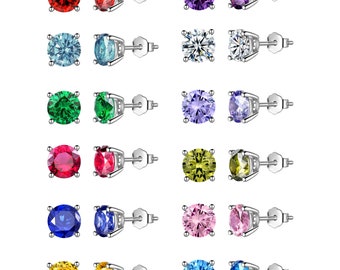 Sterling Silver Birthstone Stud Earrings. Round AAAA+ CZ Stud Earrings. Basic Earrings for Men & Women.  Birthday Gift For Her, Mother's Day