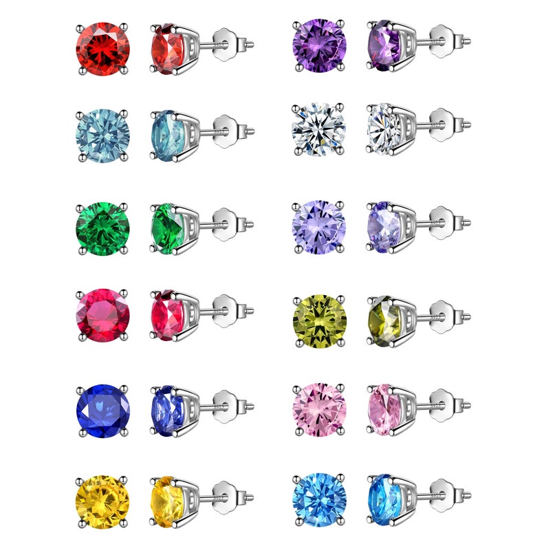 May include: Set of 12 pairs of silver stud earrings with round gemstones in various colors, including red, blue, green, purple, yellow, and clear.
