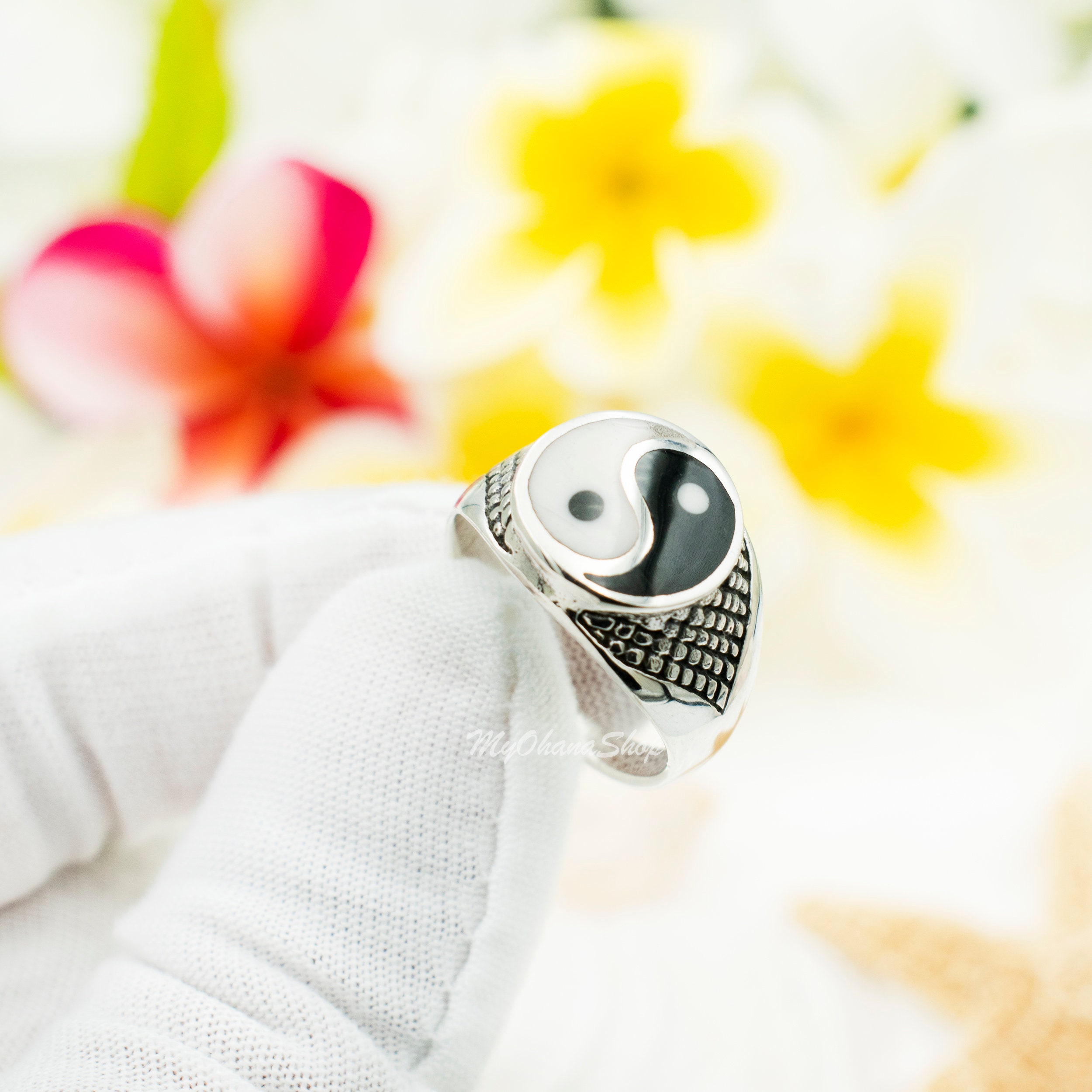 925 Sterling Silver Yin Yang Ring for Men, Women. Black