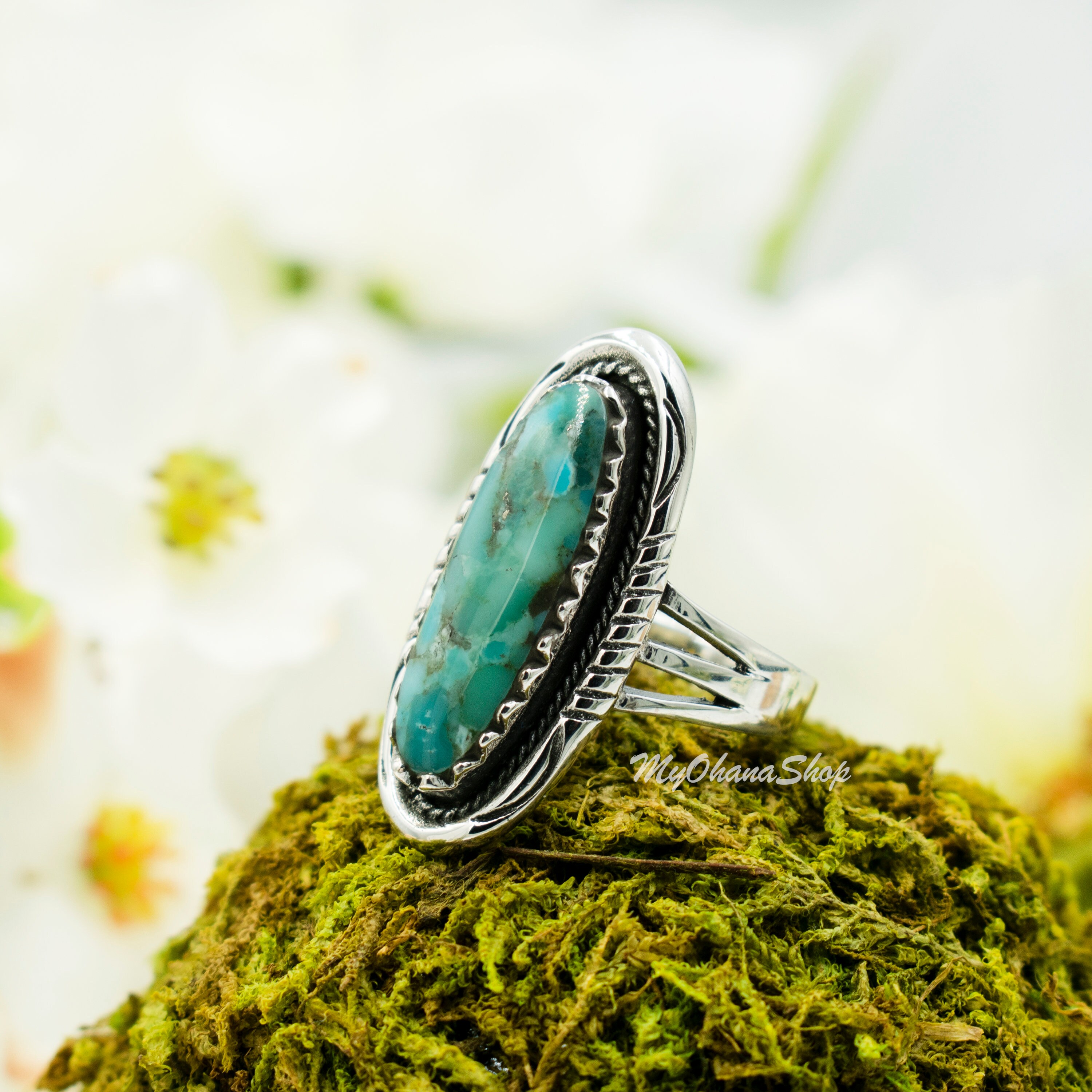 925 Sterling Silver Long Turquoise Ring. 30mm Oval Genuine Blue 