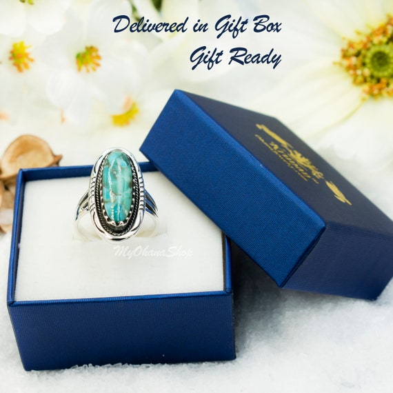 925 Sterling Silver Long Turquoise Ring. 30mm Oval Genuine Blue