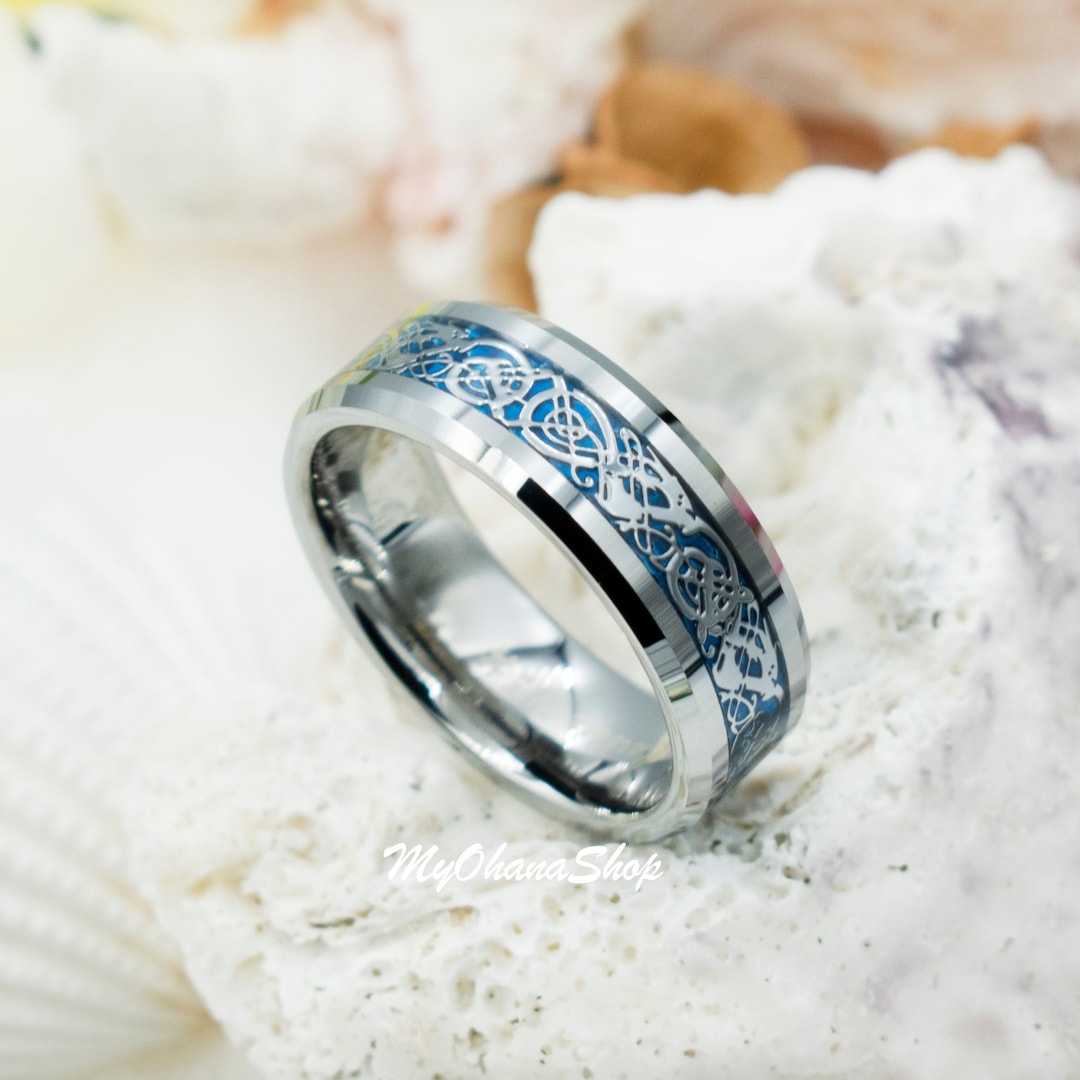8MM Celtic Dragon Tungsten Carbide Ring - Blue Background Wedding Band Size 9.5 - View #9