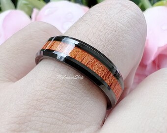 6mm Personalized Hawaiian Koa Wood Tungsten Ring. Black, Natural Wood, Men, Women Wedding Anniversary Engagement Band - Gift for Her, Him