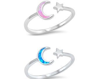 Sterling Silver Opal Moon And Star Ring - Blue White Opal. Adjustable Cute Midi, Knuckle, Toe, Thumb, Kids Ring for Women, Children, Babies