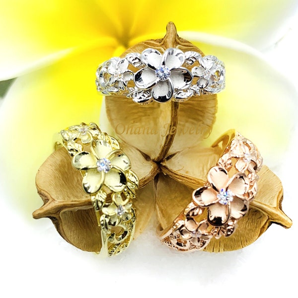 Bague plumeria hawaïenne en argent sterling. Or 14 carats, fleur plaquée or rose, bijoux floraux tropicaux des îles du Pacifique pour femme - Cadeau pour elle