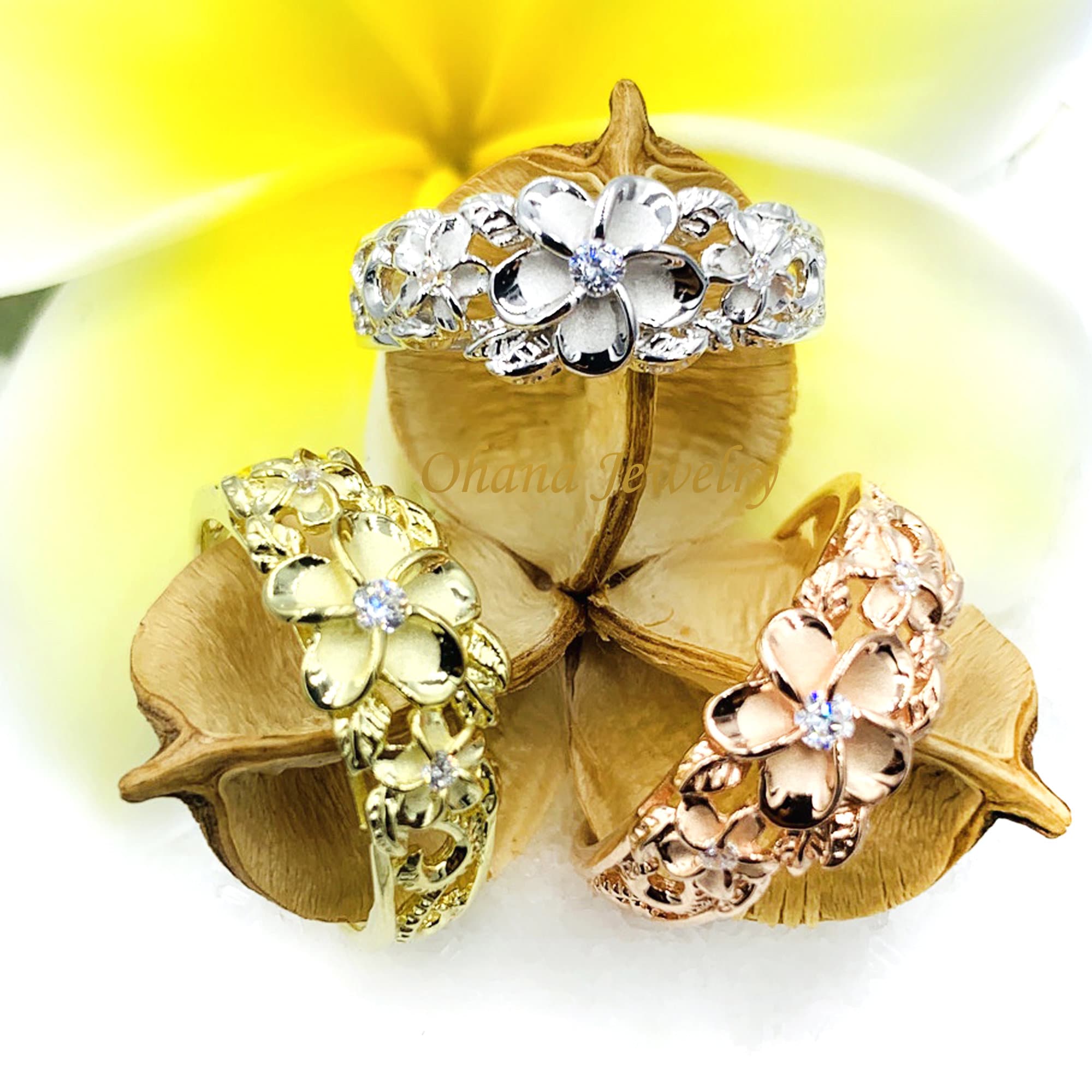 Sterling Silver Hawaiian Plumeria Ring. 14K Gold, Rose Gold Plated Flower, Pacific Islander Tropical Floral Jewelry For Women - Gift For Her