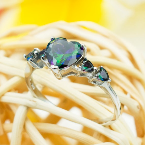 925 Sterling Silver Mystic Topaz Hearts Ring for Women. Stunning 2 Carats Rainbow Topaz Wedding, Engagement, Anniversary, Or Statement Ring.