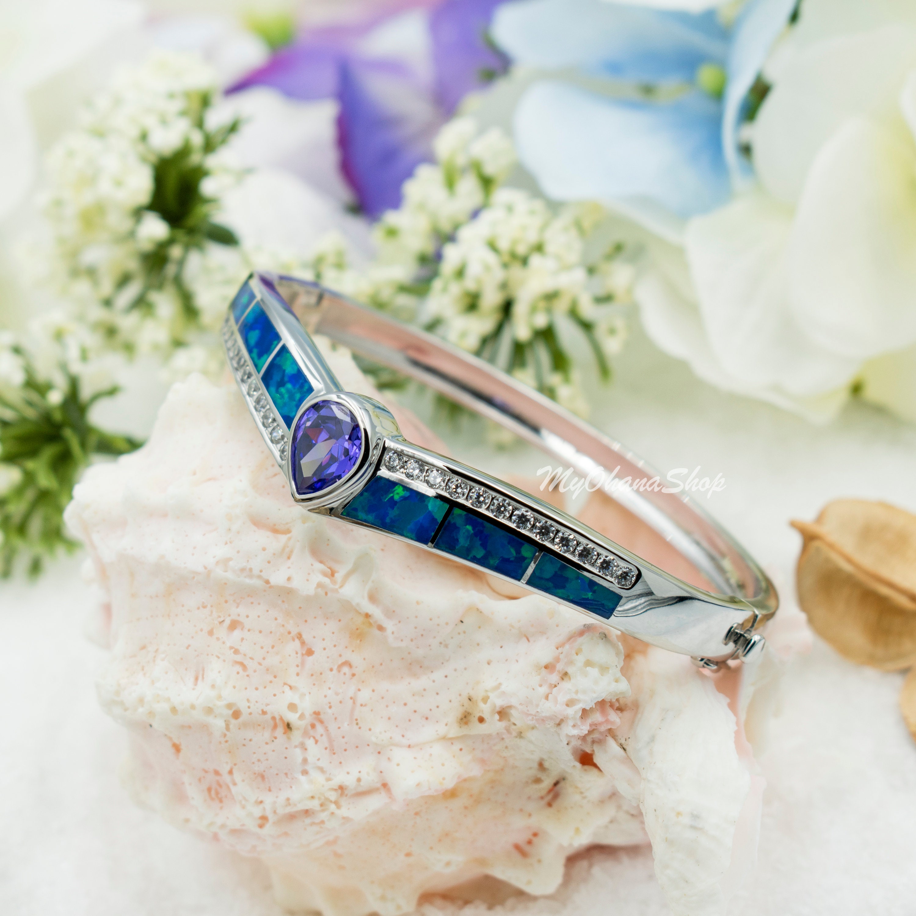Created Opal Amethyst Open Bangle. Sterling Silver Hinge Bracelet for Women Girls Mother s Day Gift. CZ and Blue Opal Bangle Jewelry. Etsy