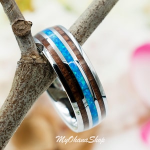 8mm Tungsten Carbide Ring With Blue Opal & Hawaiian Koa Wood Inlay For Men, Women.  Hawaiian, Wedding, Anniversary, Pinky, Index Thumb Band.