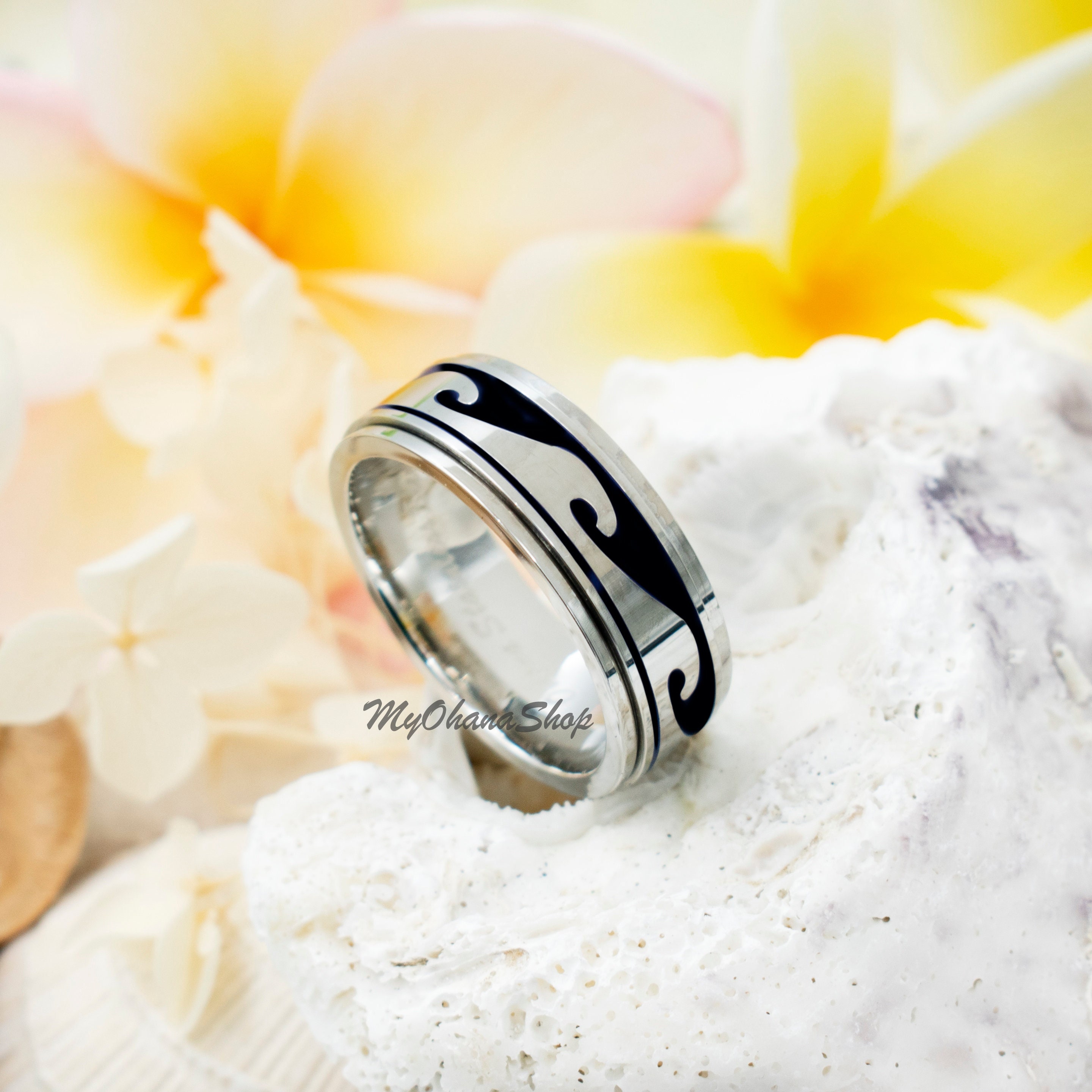 Stainless Steel Black Wave Spinner Ring For Men, Women. Nervous, Worry, Fidget, Anti-Anxiety, Surfer's Waves of Aloha Spinning Ring.