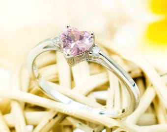 Sterling Silver Heart Ring, Pink CZ Birthstone, Promise Ring