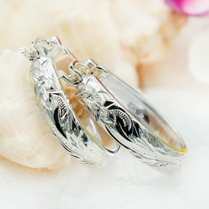 925 Sterling Silver Hawaiian Heritage Hoops Earrings For Women. Medium or Large Round Hand-Carved, Engraved Plumerias & Scrolls Earrings.