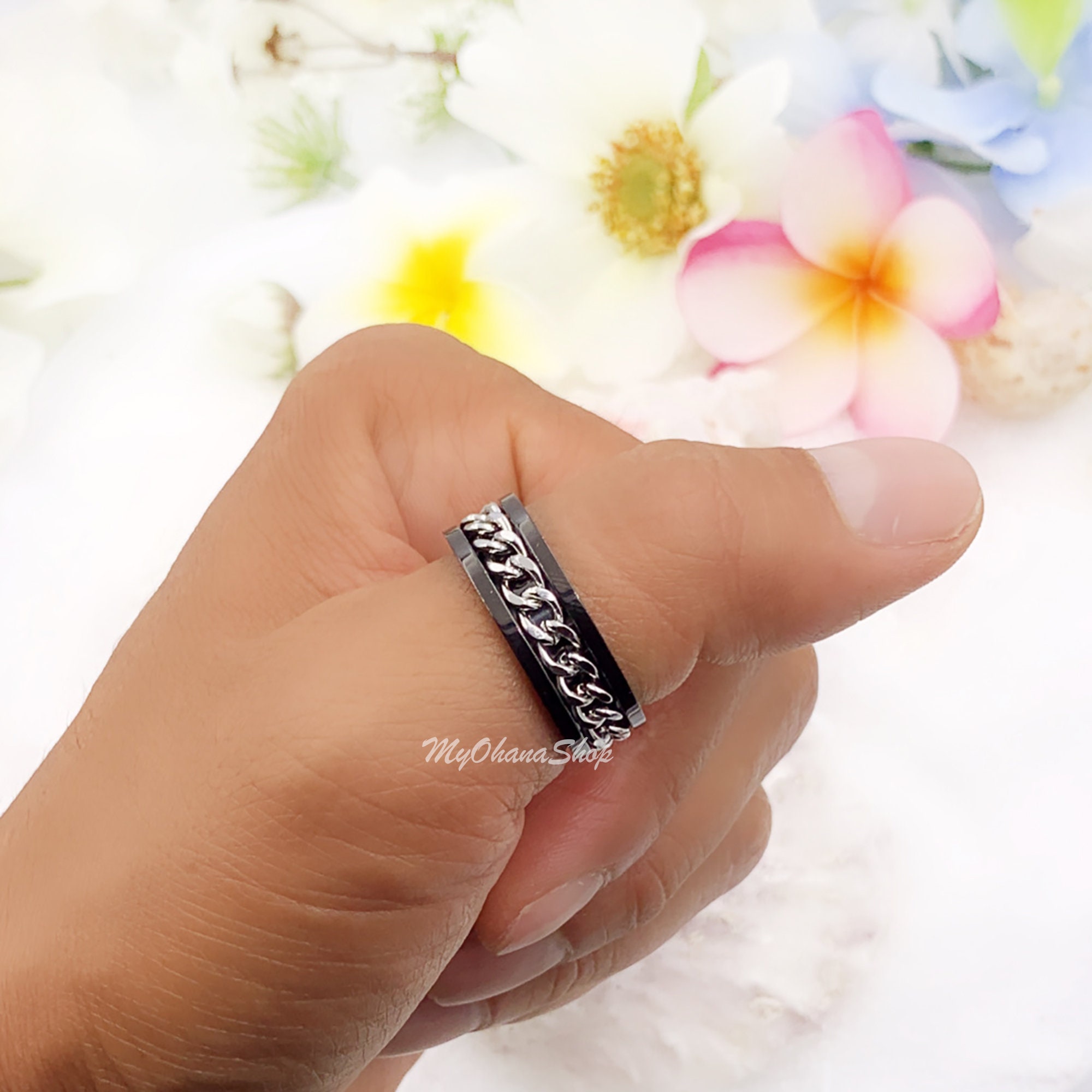 Anello Antistress Fidget In Acciaio Nero – Modello A Ingranaggi, Regolabile, Per Uomo E Donna (8 Mm)