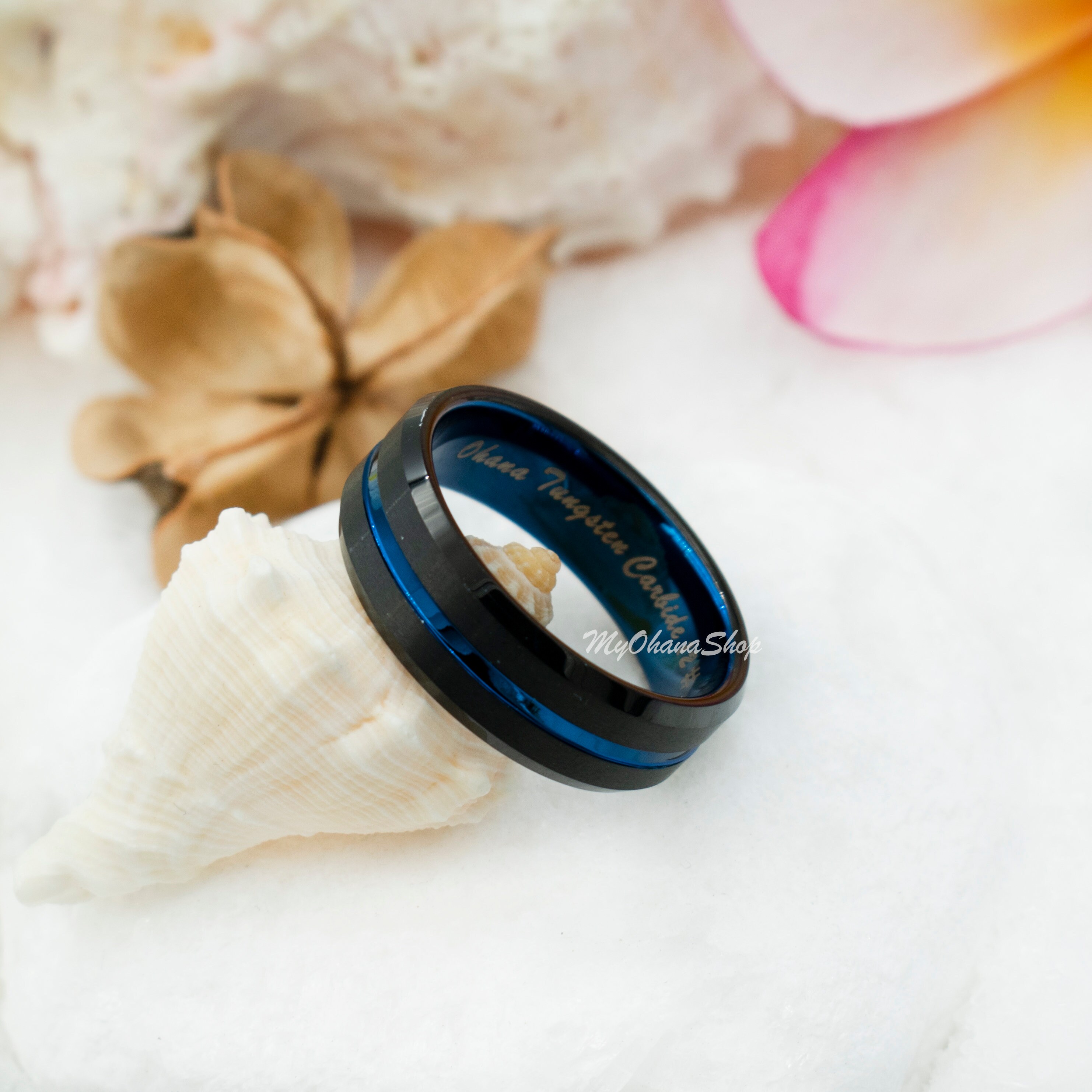 Men's Black Tungsten Wedding Band 8mm Comfort Fit - Custom Engraved Promise Ring With Blue Line