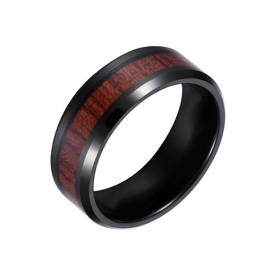 8mm Personalized Tungsten Mens Wedding Band Black Hawaiian Koa