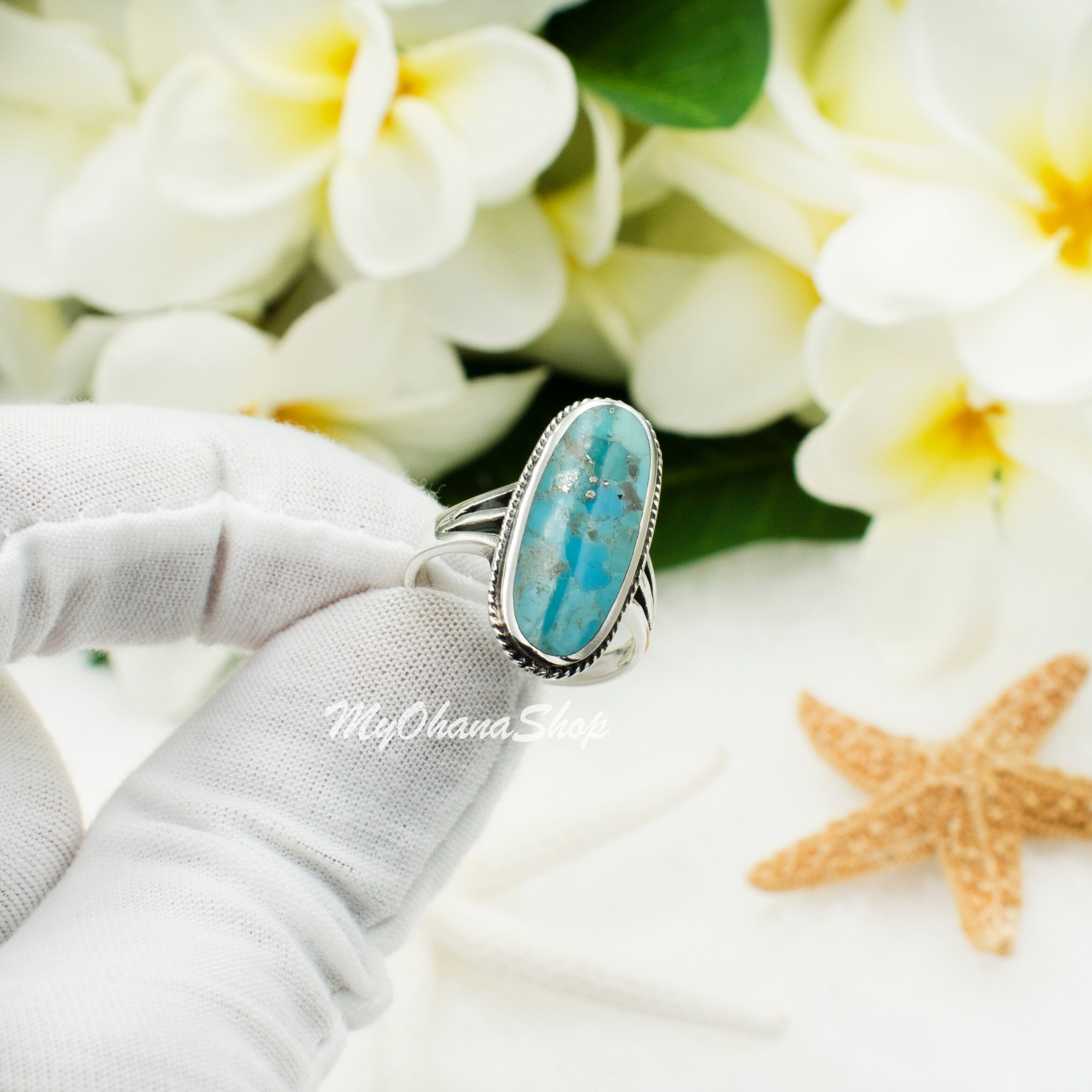 925 Sterling Silver Blue Green Natural Turquoise Ring for Women