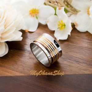 Stainless Steel Spinner, Fidget Ring For Men & Women. 14mm Wide Tri-Color Gold Anti-Anxiety, Stress Relief, Calming Ring.  Index Thumb Ring