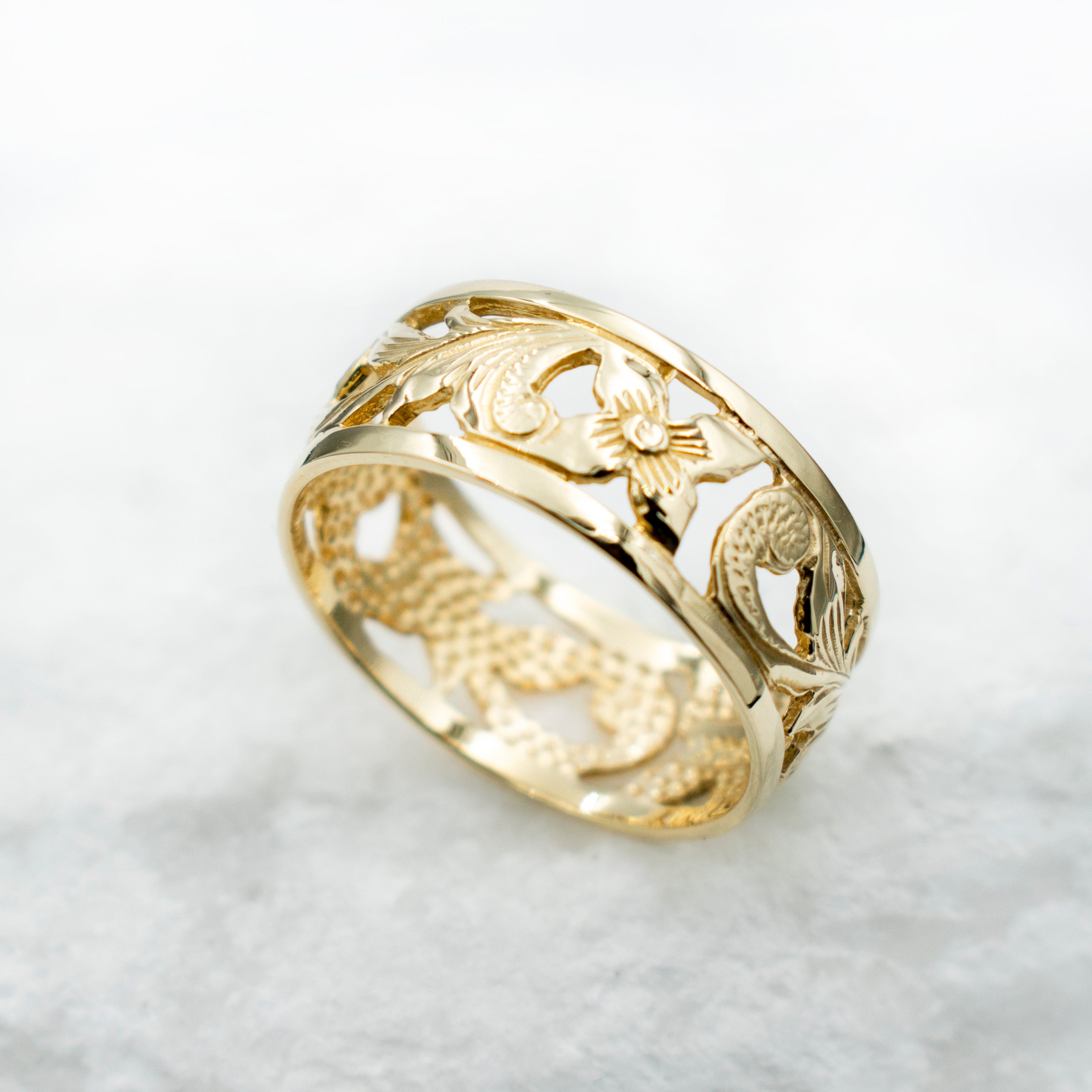 14K Gold 8mm Hawaiian Ring. Hand Engraved Cutout Plumeria & Scroll