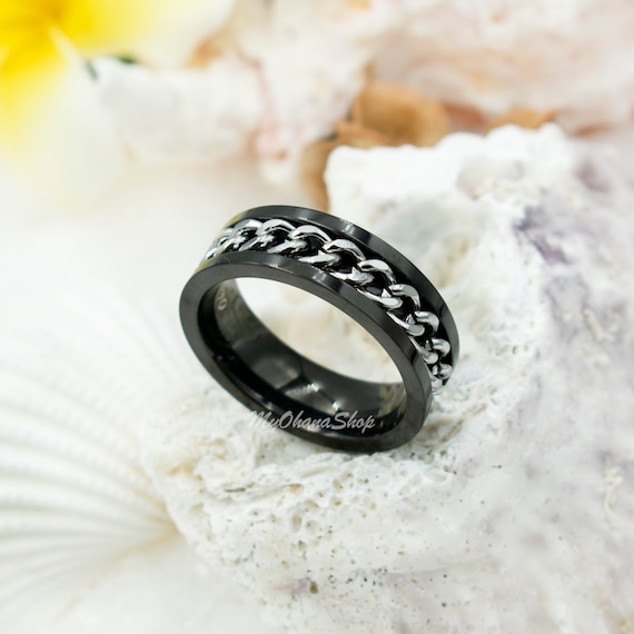 Bague anti-anxiété en acier inoxydable noir et blanc pour hommes