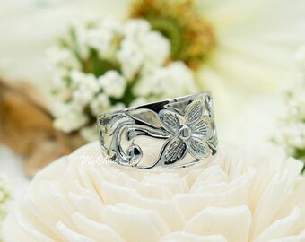 Sterling Silver Plumeria Wave Ring for Women. 12mm Wide