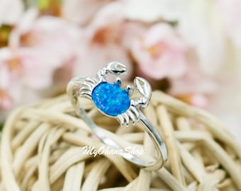 925 Sterling Silver Opal Crab Ring. White, Blue or Pink Opal Inlay. Ocean, River Crab Ring For Adults & Children.  Hawaiian Ocean Jewelry.