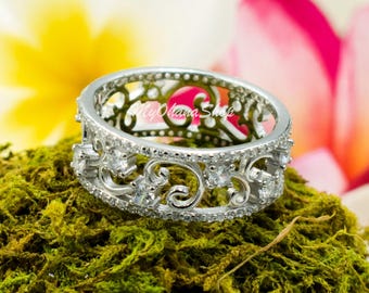 925 Sterling Silver Vines & Scrolls, Cubic Zirconia Band For Women. Elegant 9mm Cutout Pinky, Statement, Wedding, Engagement, Thumb Ring.