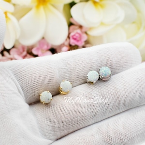 18K Gold Plated, 925 Sterling Silver White Opal Stud Earrings For Women, Girls. Unisex 7mm Round Created White Opal With Quality Setting.