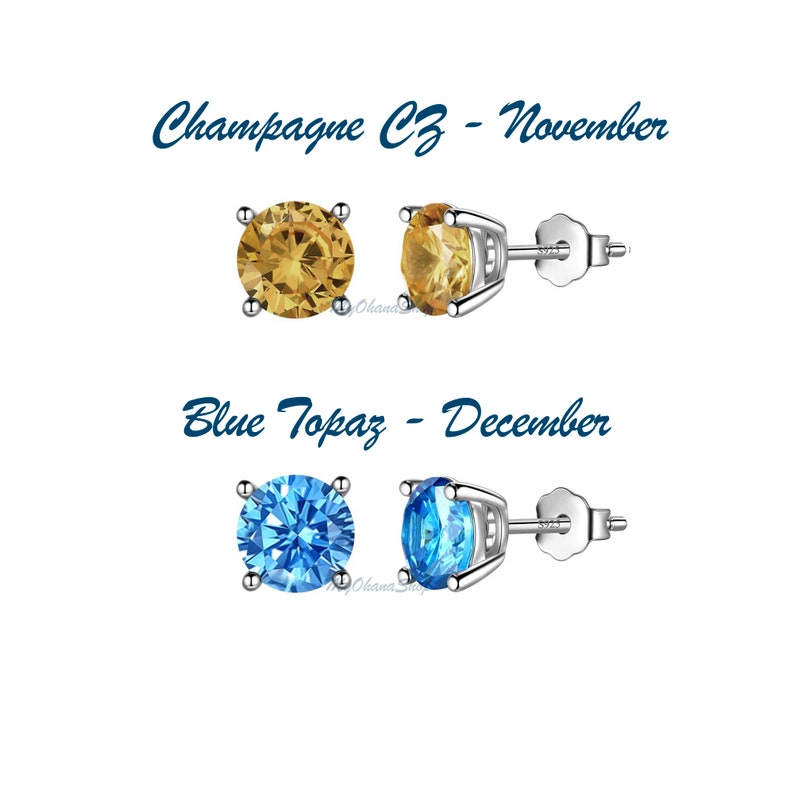 May include: Two pairs of silver stud earrings with round gemstones. The top pair features champagne colored cubic zirconia stones and the bottom pair features blue topaz stones. The text "Champagne CZ - November" and "Blue Topaz - December" is displayed above each pair of earrings.