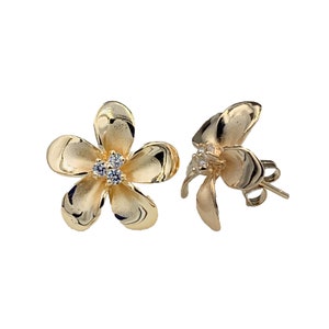 14K Gold Plated Sterling Silver 20MM Plumeria Earrings - Hawaiian Silver Jewelry - Tropical, Island Flower Stud Earrings - Gifts For Her