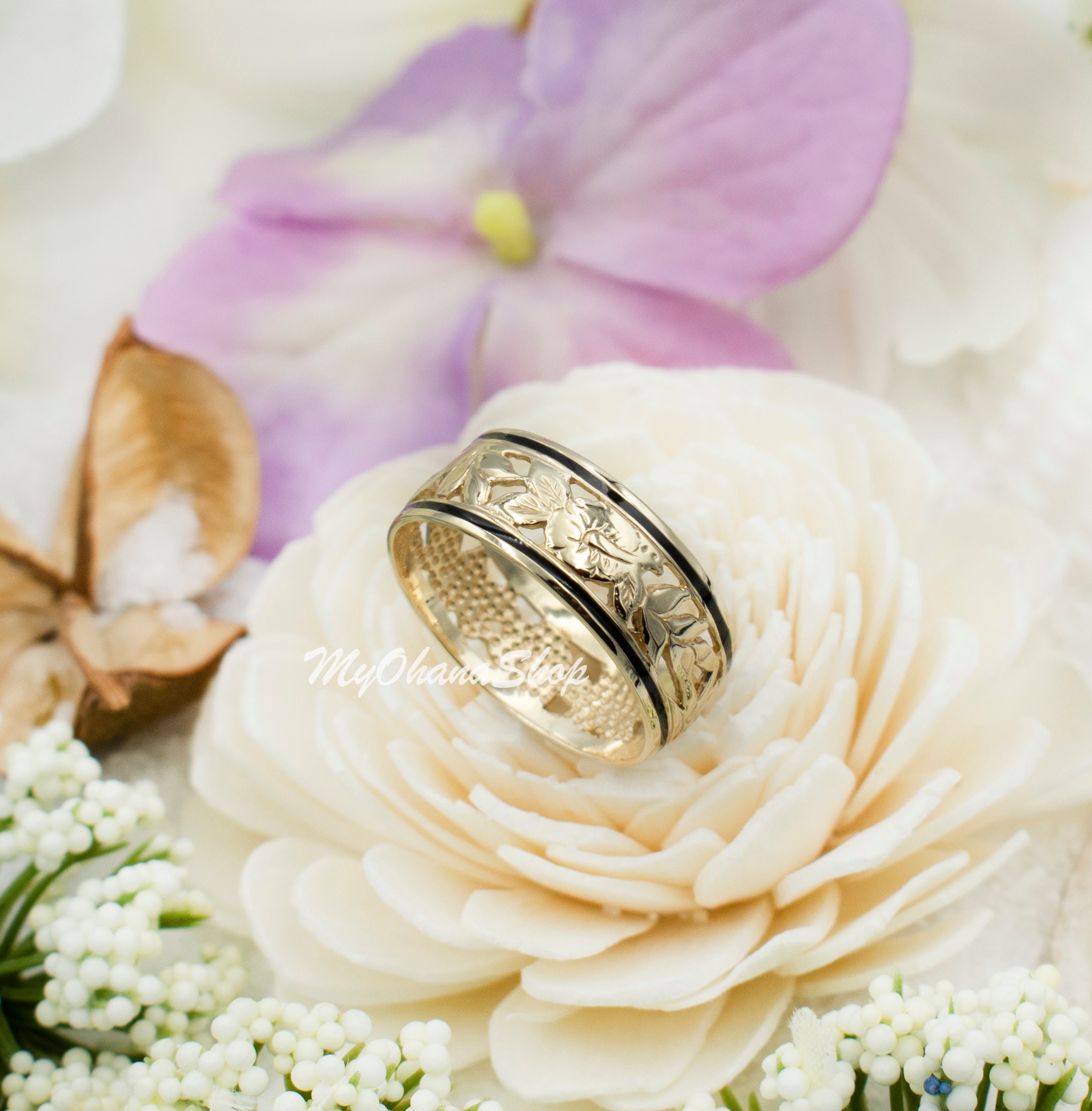 14K Gold Seven Flowers Hawaiian Ring for Women, Girls. 8mm