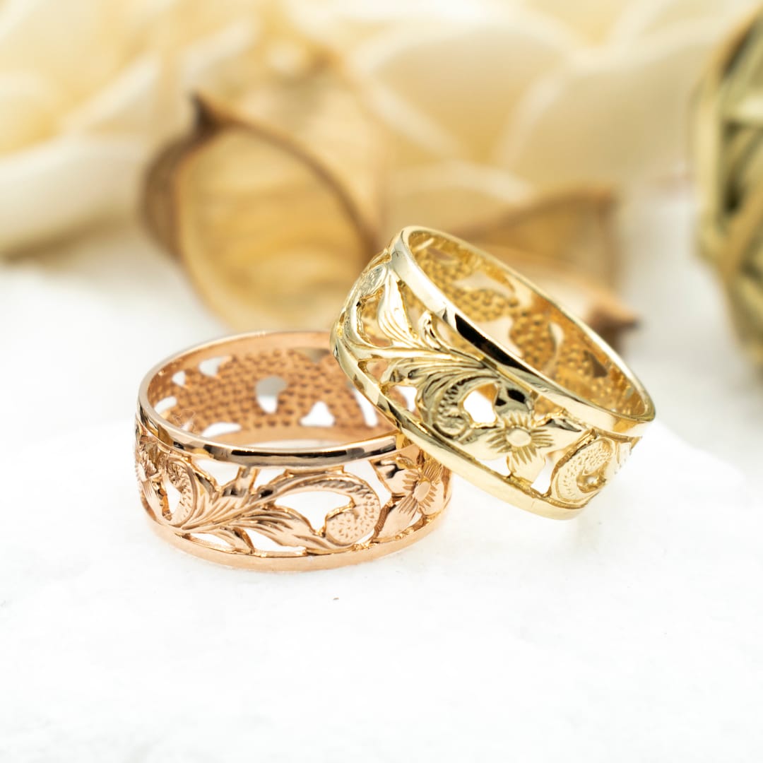 14K Gold 8mm Hawaiian Ring. Hand Engraved Cutout Plumeria & Scroll