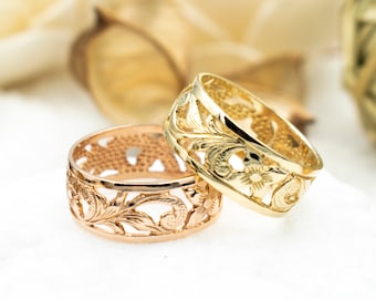 14k white gold hand engraved Hawaiian plumeria scroll band ring smooth edge 8mm