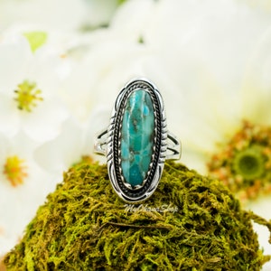 925 Sterling Silver Long Turquoise Ring. 30mm Oval Genuine Blue Green ...