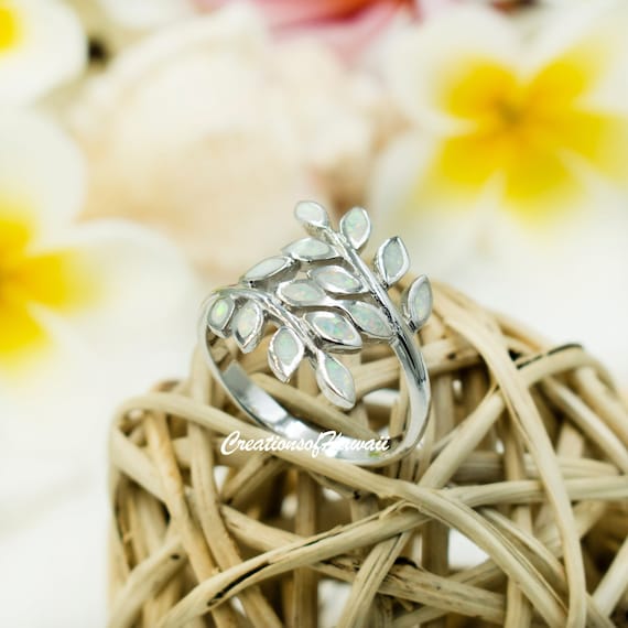 925 Sterling Silver Opal Fern Leaves Ring For Girls, Women. 22mm Long, Wide Branches of Fern Leaves For Statement, Index, and Middle Ring.