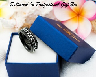 HIJONES Men's Stainless Steel Spinner Ring – Rotatable Chain Design For Anxiety & Stress Relief - View #4