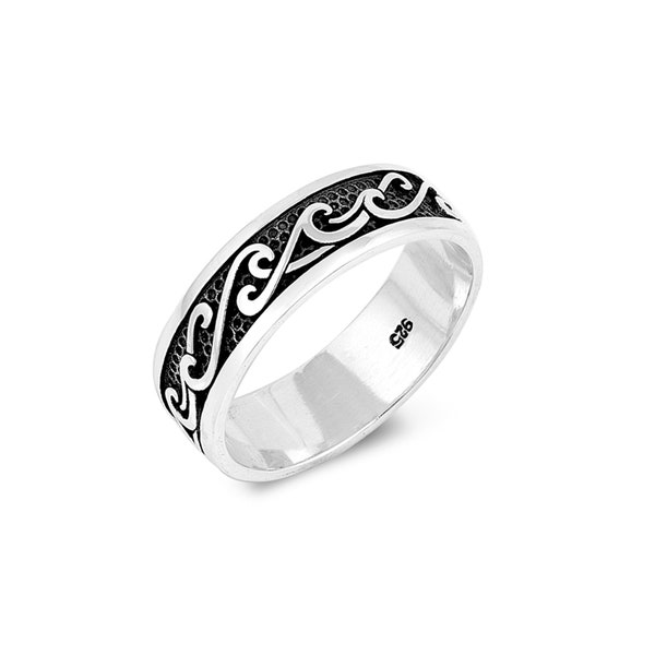 Sterling Silver Ocean Tidal Wave Ring. 7mm Surfer Ring, Wave Wedding Band For Men Women. Index, Thumb Ring. Tropical, Hawaiian Beach Jewelry