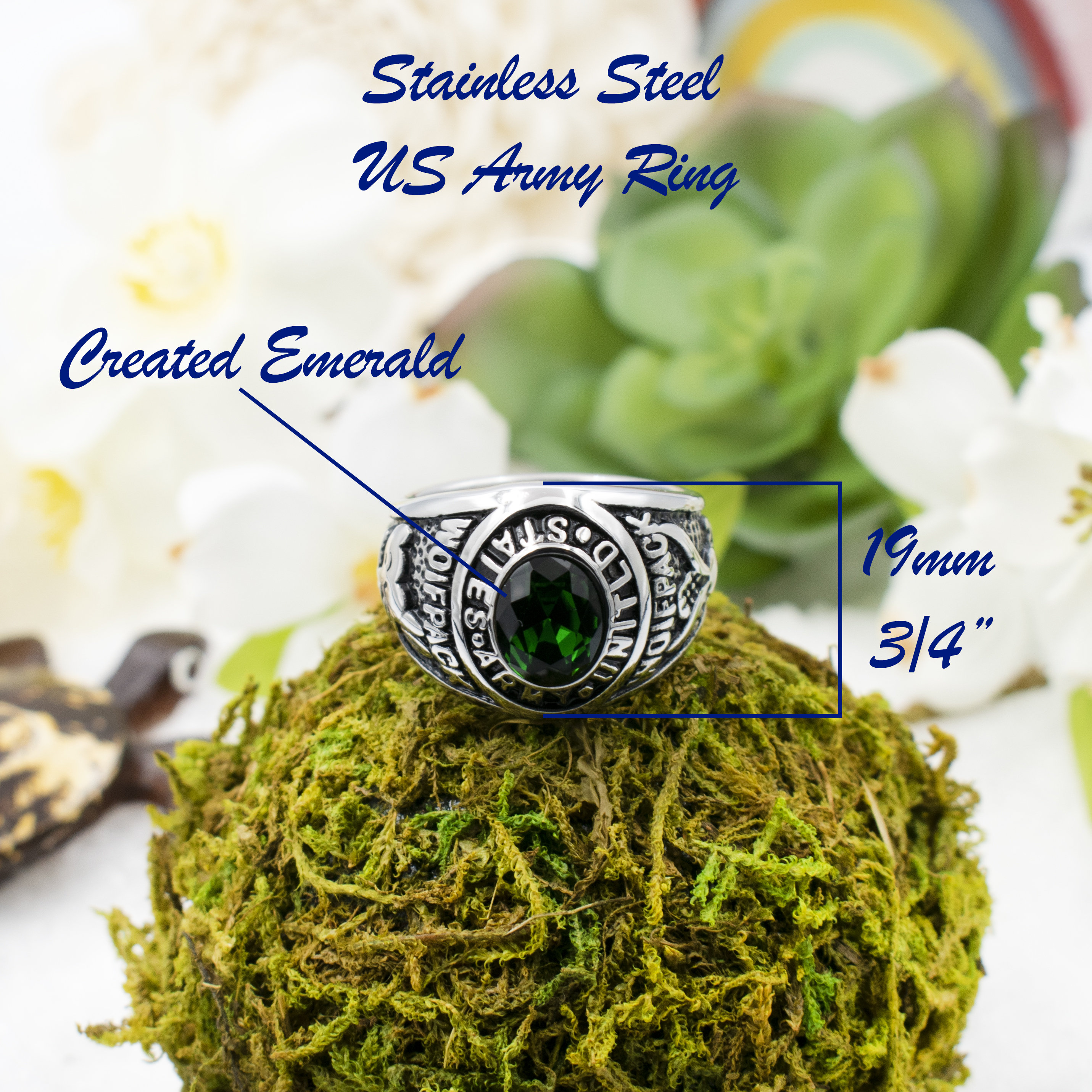 Stainless Steel US Army Ring for Men, Women. Created Emerald