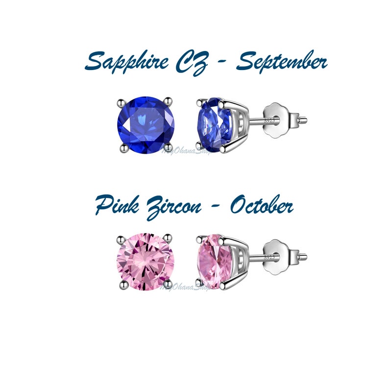 May include: Two pairs of silver stud earrings with round gemstones. The top pair features a blue sapphire CZ and the text "Sapphire CZ - September". The bottom pair features a pink zircon and the text "Pink Zircon - October".