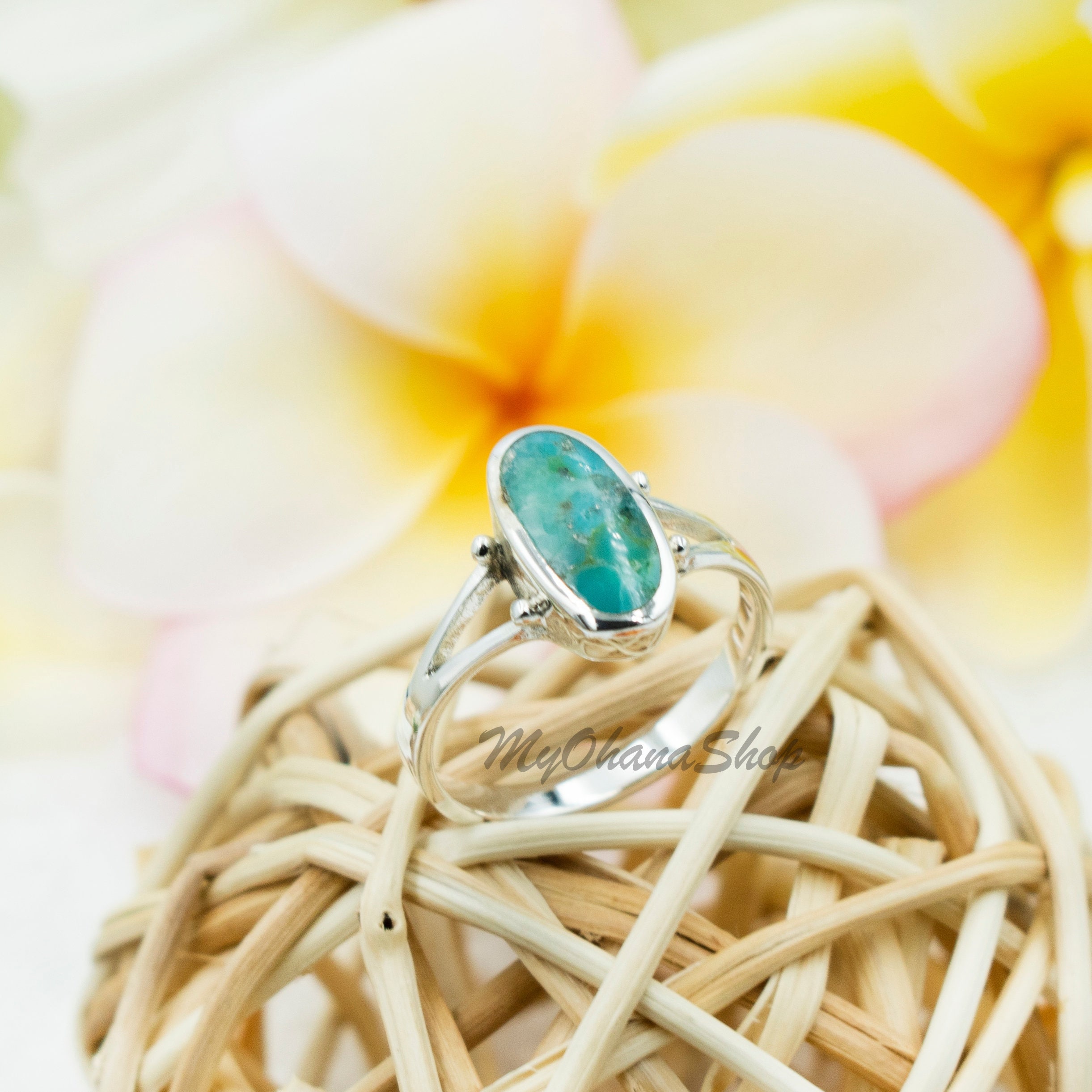 925 Sterling Silver Blue Green Turquoise Ring for Women