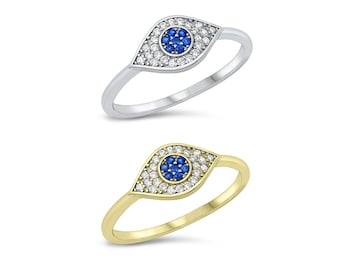 Sterling Silver Eye Ring Gold Plated With CZ Stones. All Seeing, Wisdom, Evil Eyes Ring For Pinky, Thumb, Midi, Knuckle. Gift For Her, Girls