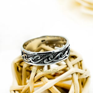 Sterling Silber Ozean Tidenwelle Ring. 7mm Surfer Ring, Welle Ehering für Männer Frauen. Index, Daumen Ring. Tropischer, hawaiianischer Strandschmuck